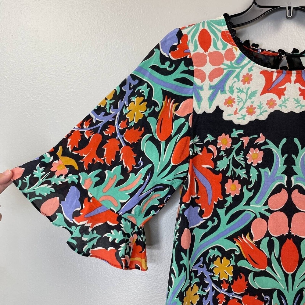 Maeve Silk Top Womens 0 Black Floral Bell Sleeve Ruffle Folkart Print Blouse - Picture 5 of 11